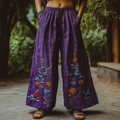 Bohemian Holiday Style Linen Bohemian Floral Print Linen Long Loose Wide-leg Pants elevenforest
