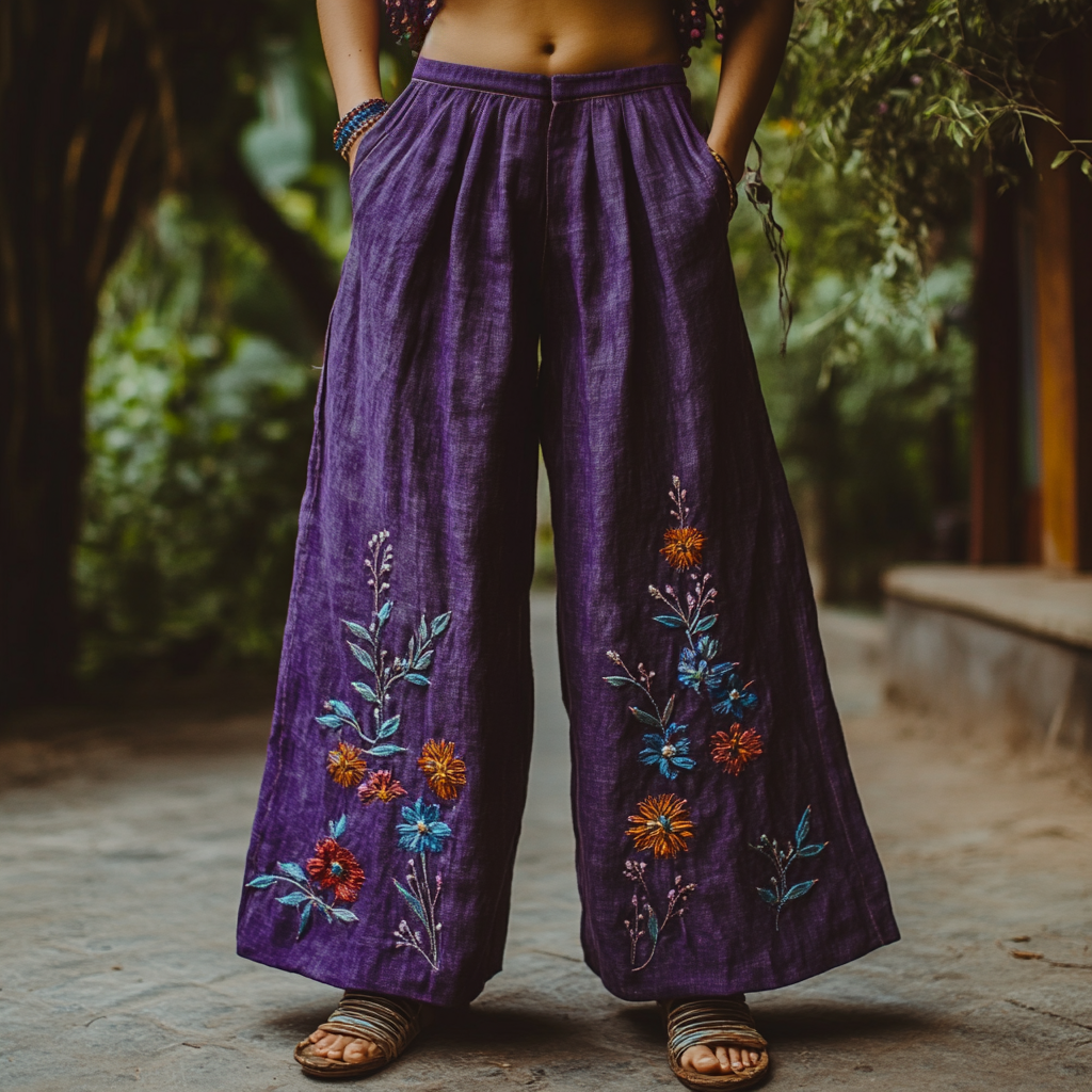 Bohemian Holiday Style Linen Bohemian Floral Print Linen Long Loose Wide-leg Pants elevenforest