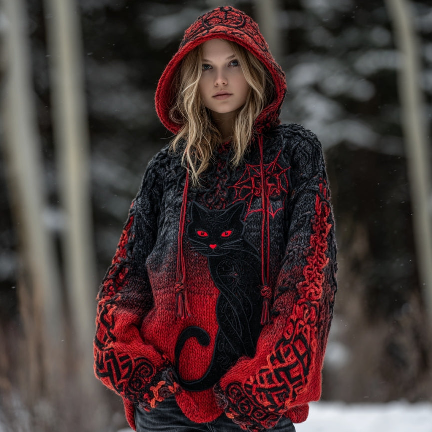 Comstylish Women's Tribal Black Cat Gradient Art Chunky Knit Hooded Sweater
