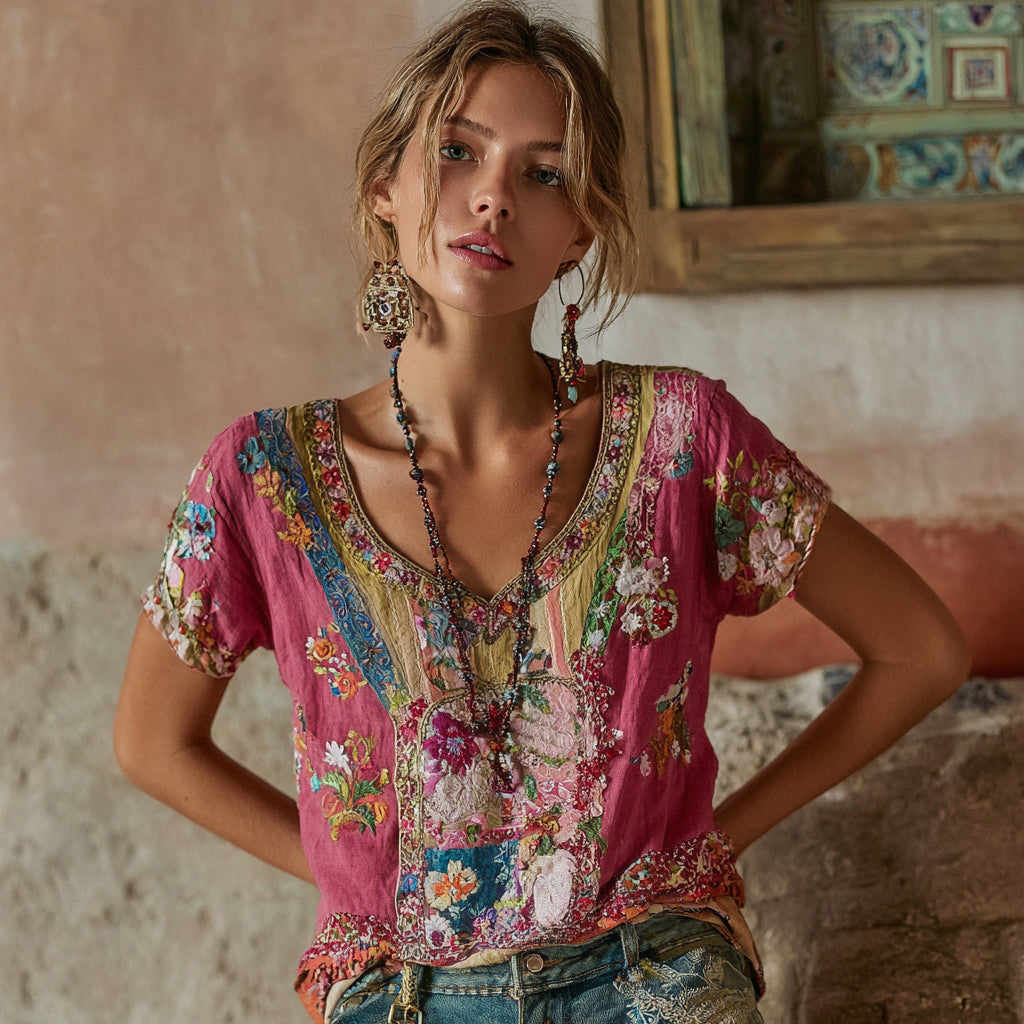 Women's Bohemian Floral Embroidery Art V-neck Short Sleeve Linen Blend T-shirt elevenforest