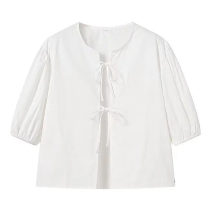 Trauxy White Lace-up Short Sleeve Shirt for Loose Color Patchwork Summer Blouse Female Club Party Outfits