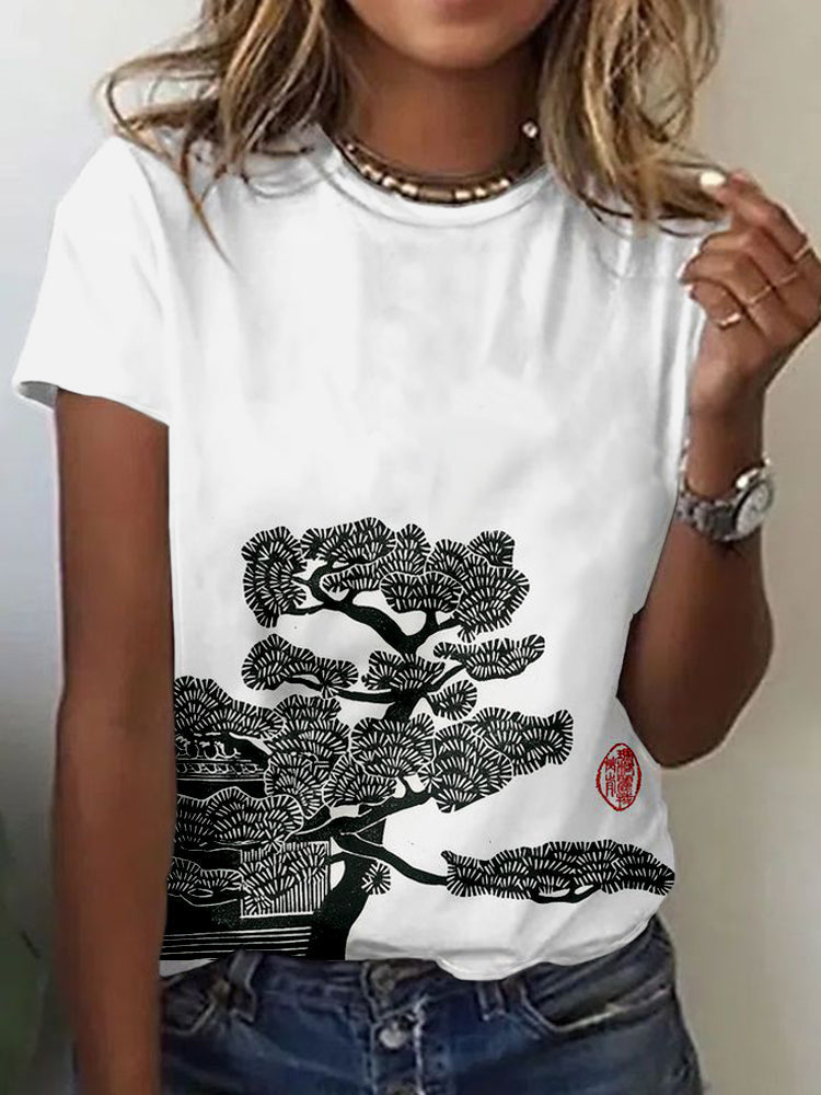 Pine Tree & Roof Japanese Lino Art Comfy T Shirt elevenforest