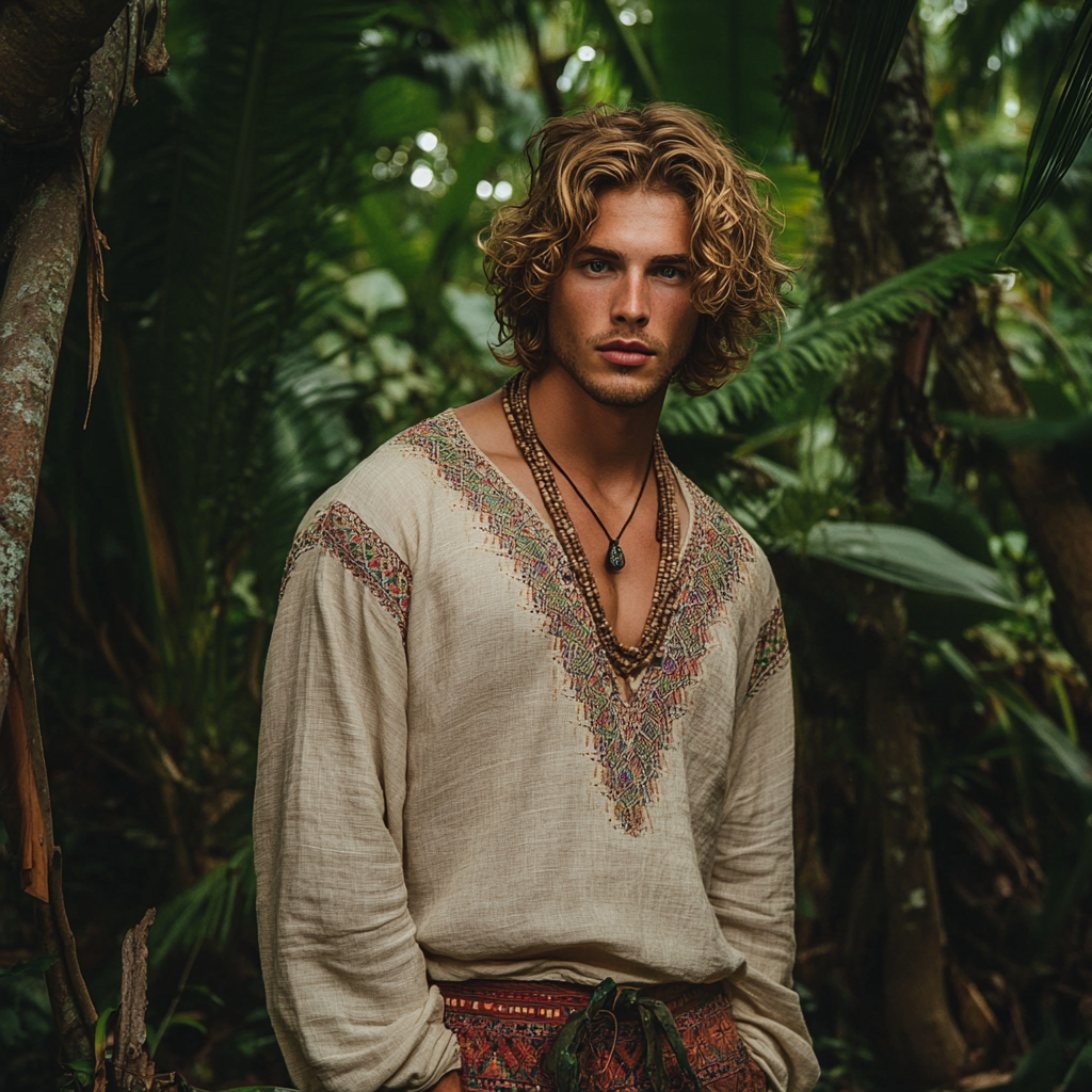 Men's Bohemian Holiday Style Linen Printed Casual Long Sleeve Tops elevenforest