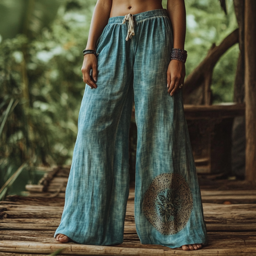 Vintage Bohemian Casual Holiday Gradient  Tie Dye Style Linen Long Loose Wide-leg Pants elevenforest