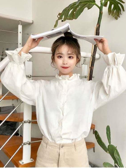 White Blouse Shirts Harajuku Clothes Tops and Blouses All Match Flare Sleeve Korean Style New Ulzzang