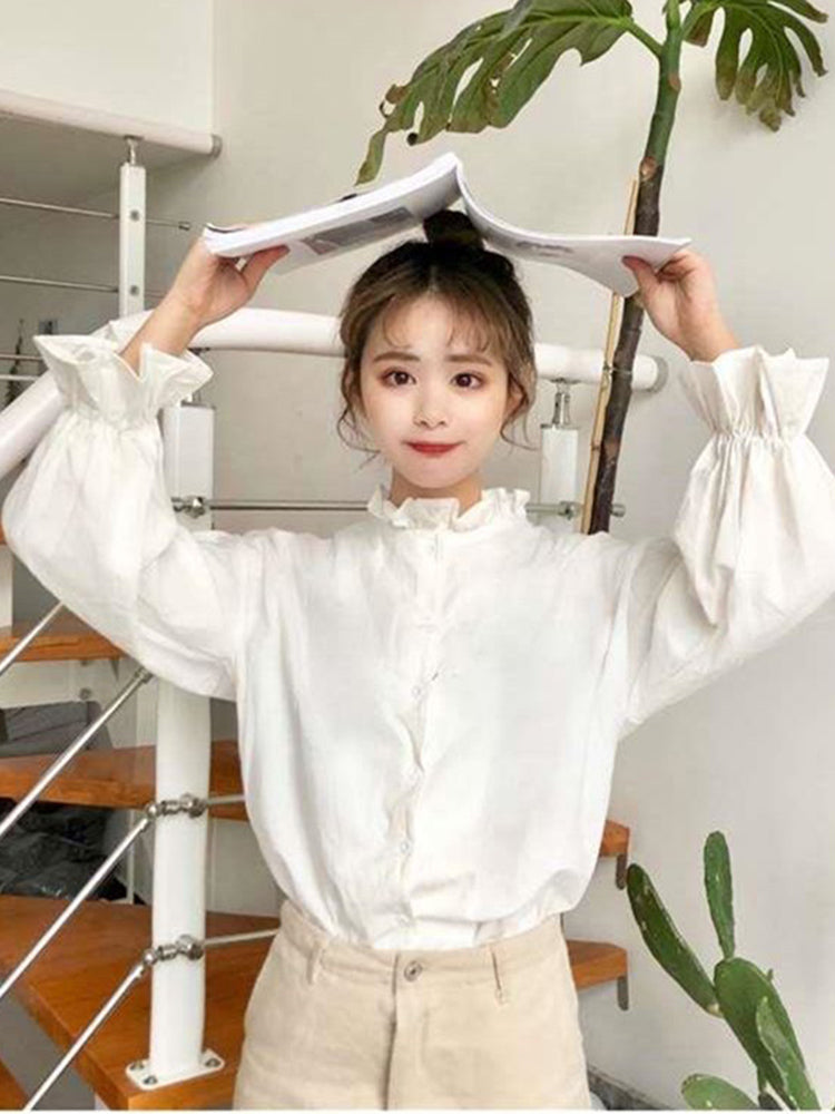 White Blouse Shirts Harajuku Clothes Tops and Blouses All Match Flare Sleeve Korean Style New Ulzzang
