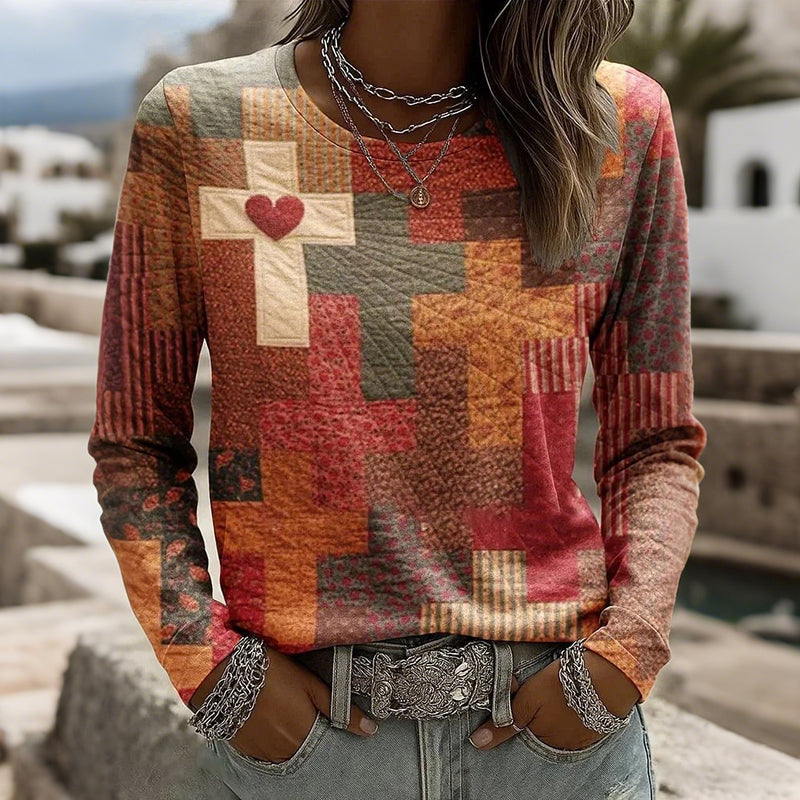 Women's Valentine's Day Heart Faith Cross Pattern Comfortable Boho Top elevenforest
