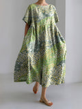 Japanese Art Floral Chiyogami Painting Print Linen Blend Dress