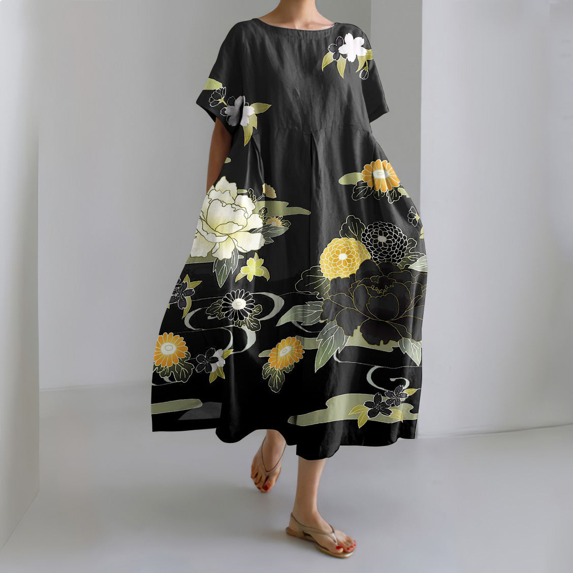 Comstylish Women's Japanese Art Print Short Sleeve Loose Midi Dress
