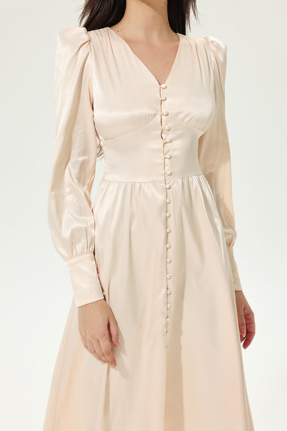 Lantern Sleeve V-neck Buttoned Midi Dress White