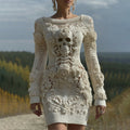 Women's Vintage Halloween Skull With Rose Art Cozy Knit Mini Sweater Dress elevenforest