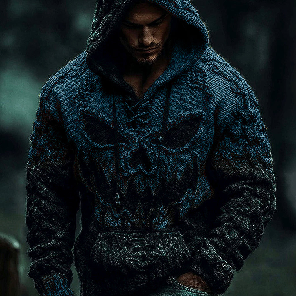 Men's Halloween Pumpkin Face Gradient Jacquard Knit Hooded Sweater elevenforest