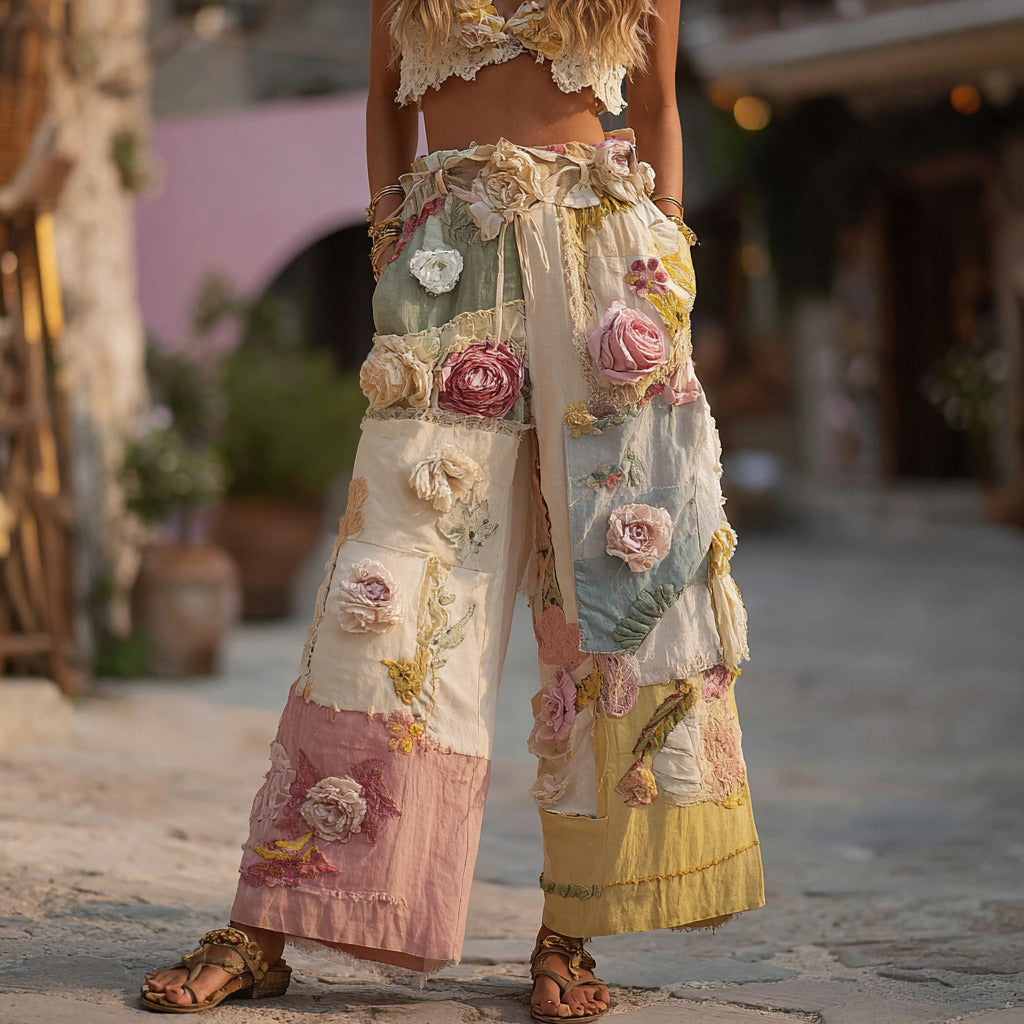 Women's Retro Colorful Rose Stitching Casual Pants elevenforest