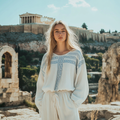 Women's Greek Key Linen Crew Neck Shirt elevenforest
