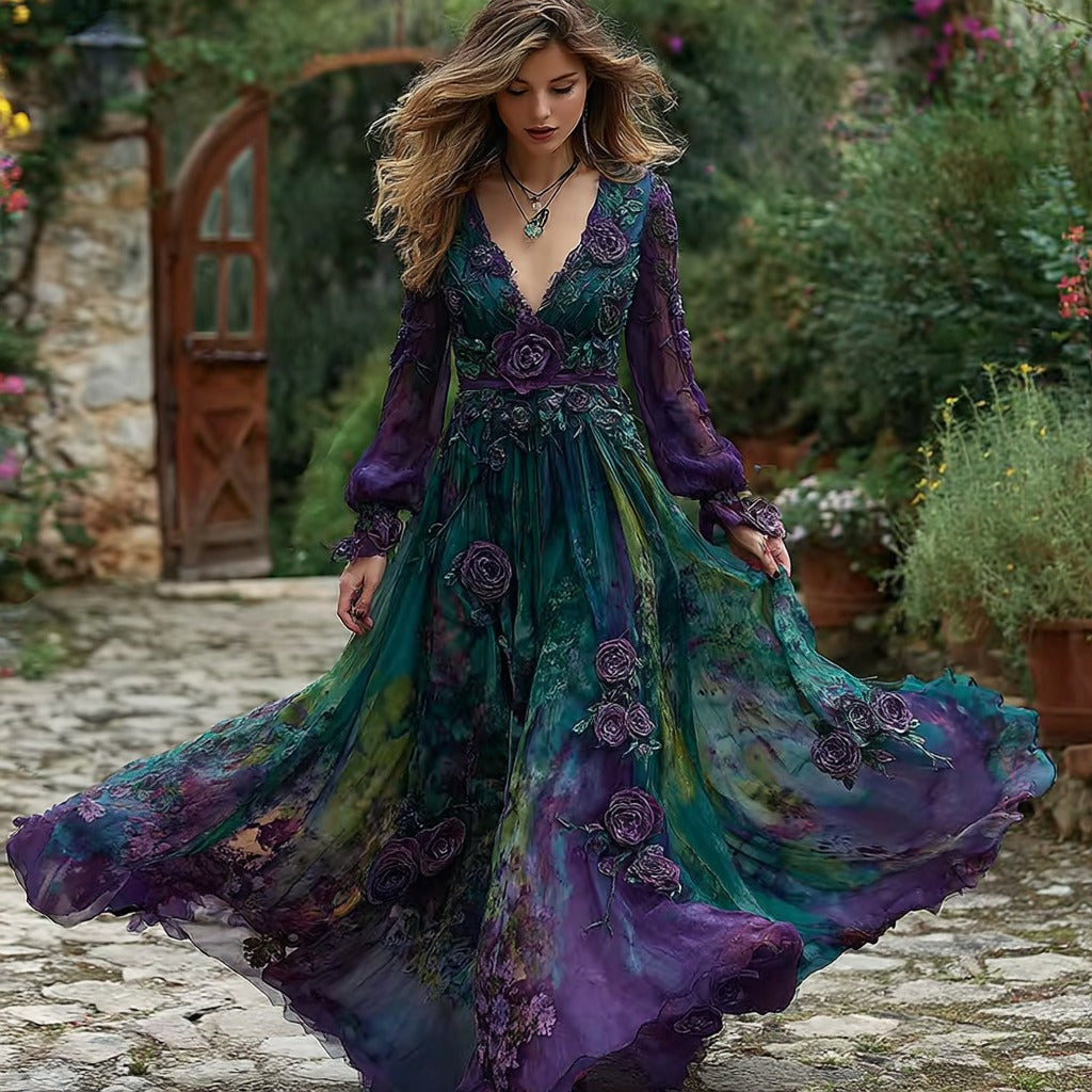 Women's Vintage Purple Floral Gradient Pattern Elegant V-neck Dress elevenforest