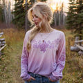 Women's Casual Gradient Purple And Pink Floral Embroidered Linen Long Sleeve T-shirt elevenforest