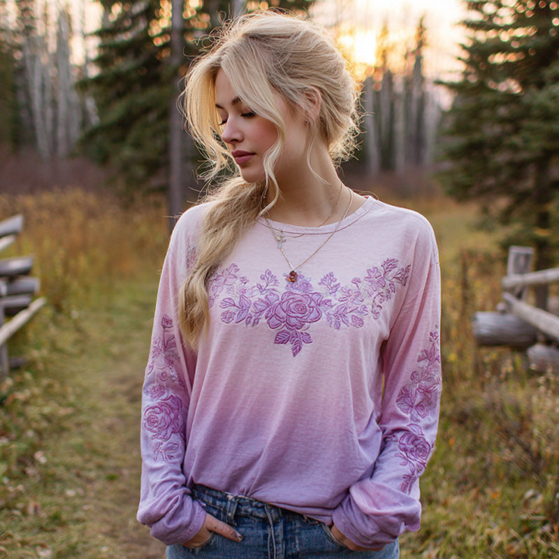 Women's Casual Gradient Purple And Pink Floral Embroidered Linen Long Sleeve T-shirt elevenforest
