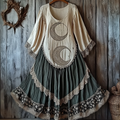 Women's Retro Tribal Star And Moon Splicing Lace Cotton And Linen Long Sleeve Dress elevenforest