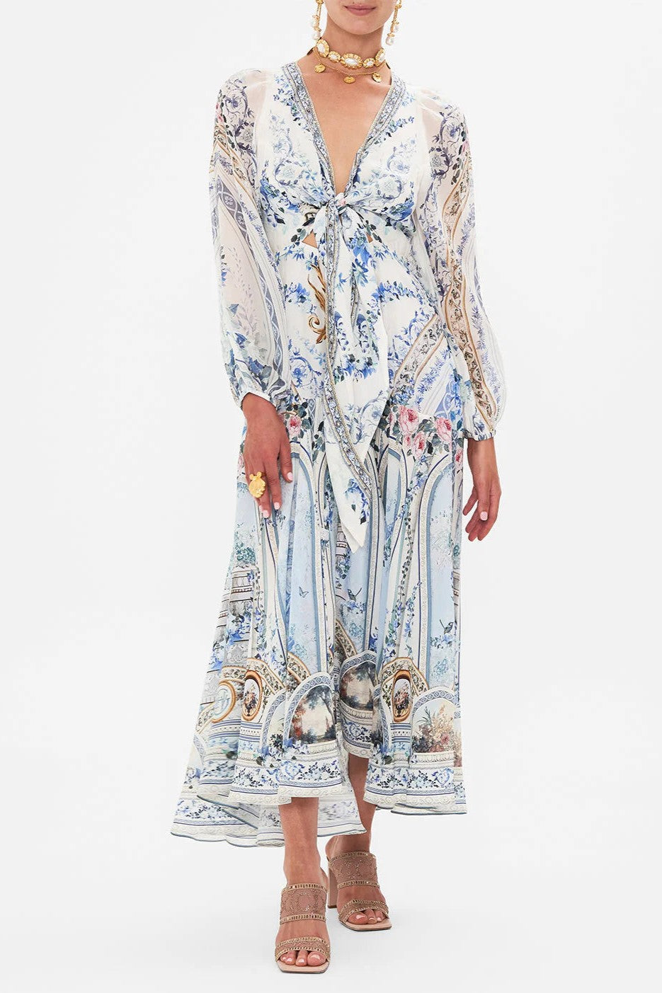 V-neck Lantern Sleeve Midi Dress