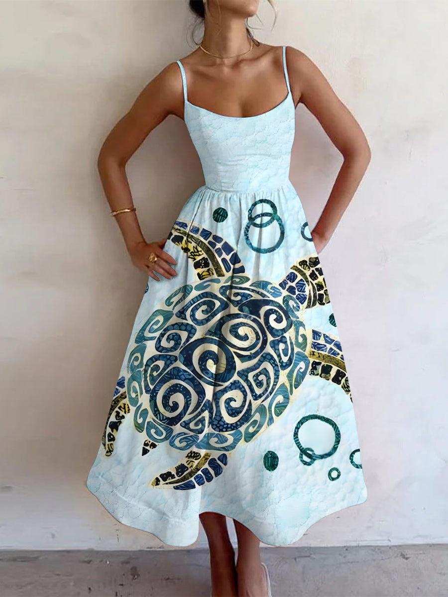 Women's Vacation Retro Sea Turtles Ocean Art Print Dress