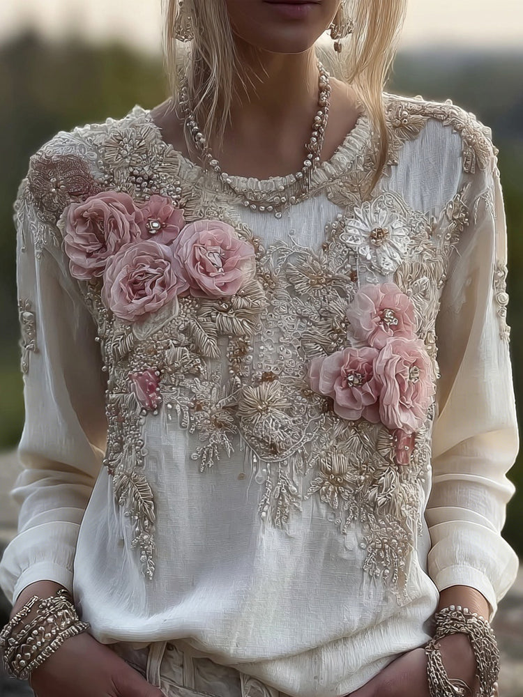 Vintage Boho Roses Embroidered Lace Comfy Linen Shirt elevenforest
