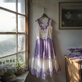 Boho Gradient Lavender Embroidered Pattern Lace Linen Dress elevenforest