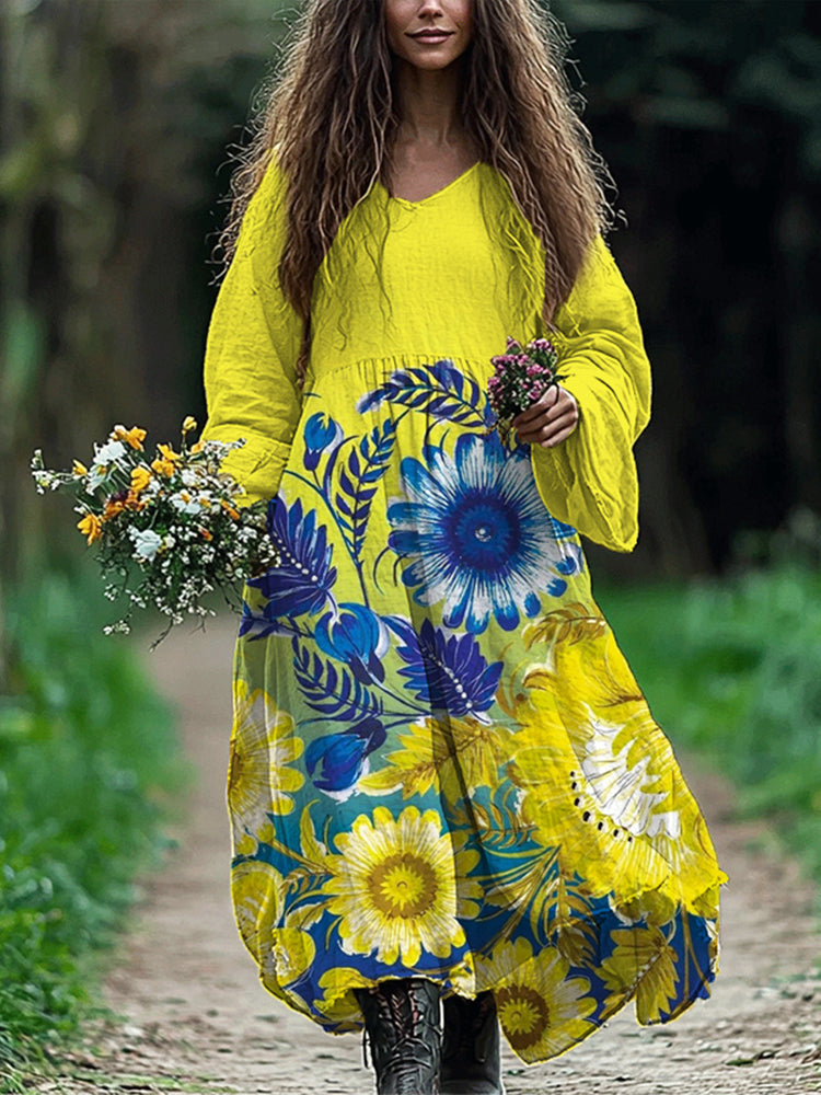 Ukrainian Sunflowers Flowy Linen Blend Maxi Dress elevenforest