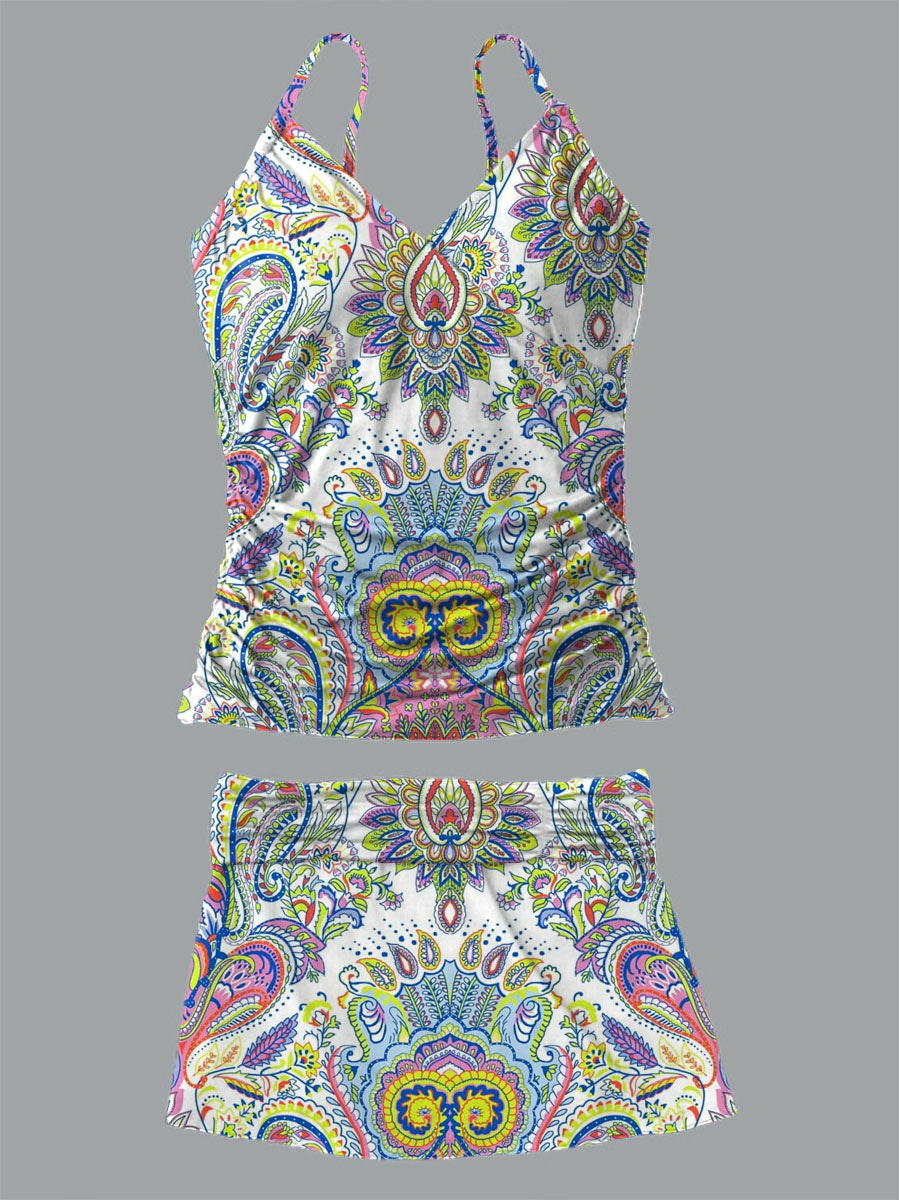 Women's Vintage Bohemian Floral Print Shirred Suspender Swimsuit Set
