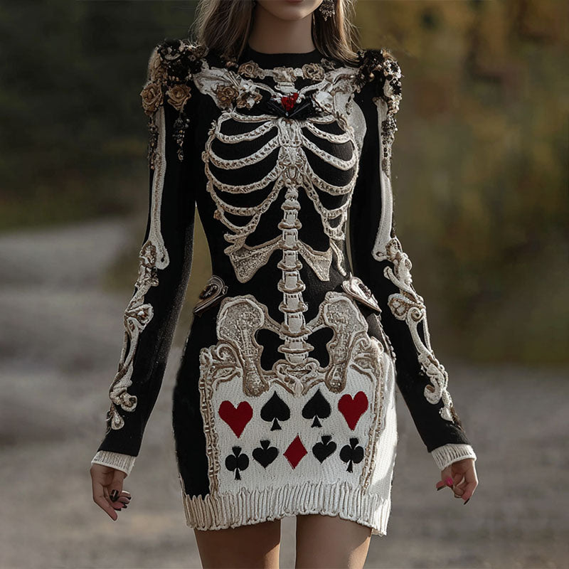 Women's Halloween Skeleton Bones With Circus Harlequin Poker Art Cozy Knit Mini Sweater Dress elevenforest