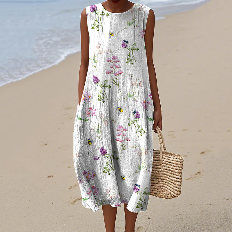 Women's Bees And Flowers Art Print Crew Neck Tank Midi Dress elevenforest