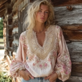 Bohemian Retro Style Flower Pattern V-neck Long Sleeve Top elevenforest