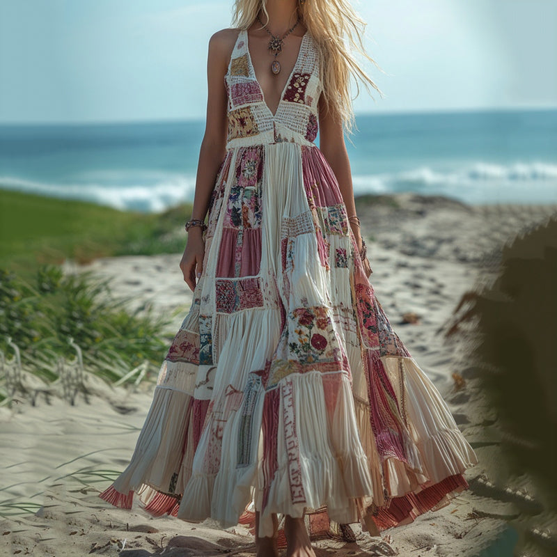 Women's Breast Cancer Awareness Holiday Patchwork Maxi Dress elevenforest