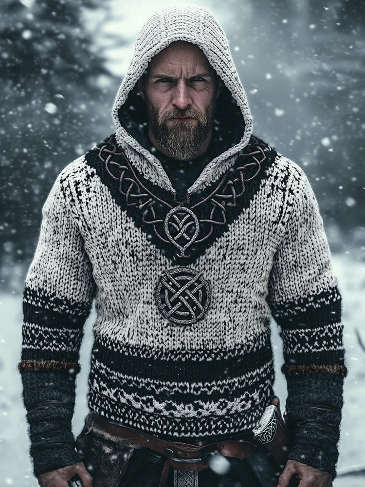 Men's Vintage Viking Style Jacquard Cozy Knit Hooded Sweater elevenforest