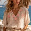 Women's Vintage Pink Floral Embroidered V-neck Short Sleeve T-shirt elevenforest