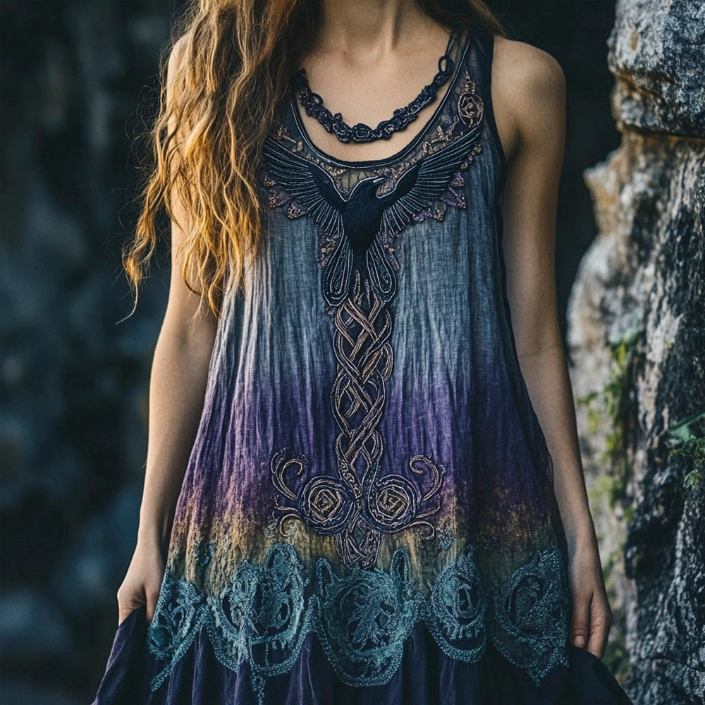 Raven Embroidered Vintage Lace Women's Linen Vest Dress elevenforest