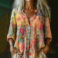 Women's Vintage Watercolor Flower Collage Art Print Casual Cotton And Linen Shirt elevenforest