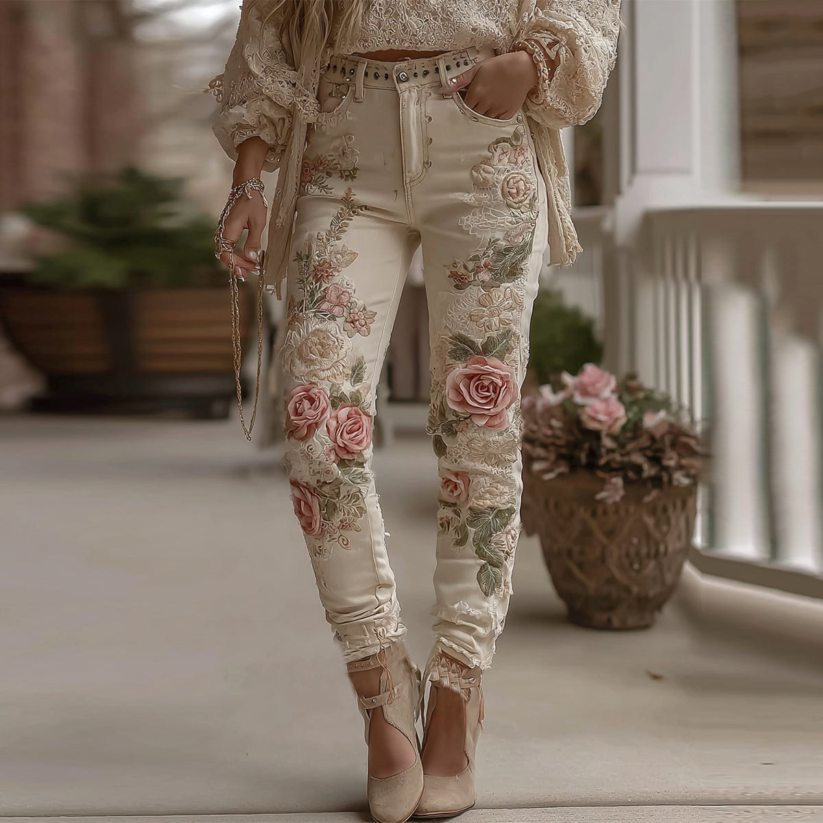 Women's Vintage Rose Floral Embroidery Art Casual Jeans elevenforest