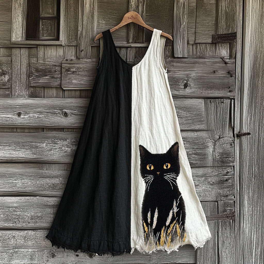 Cute Black Cat Contrasting Colors Linen Contrast Color Tank Dress elevenforest
