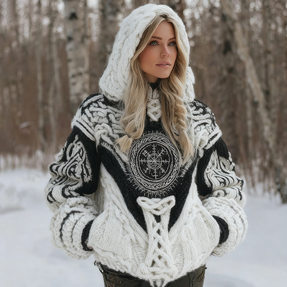 Women's Viking Celtic Knot Vegvisir Rune Knit Hooded Sweater artswardrobe