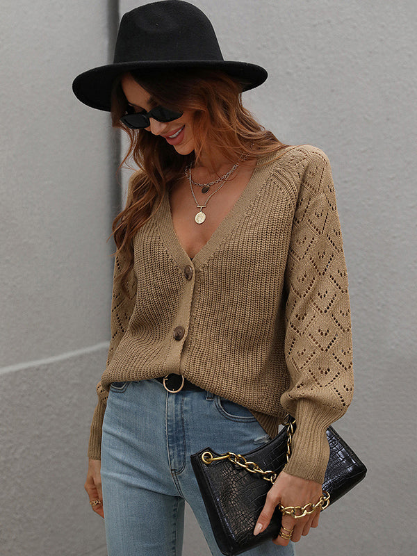 Long Sleeves Loose Color V-neck Cardigan Tops