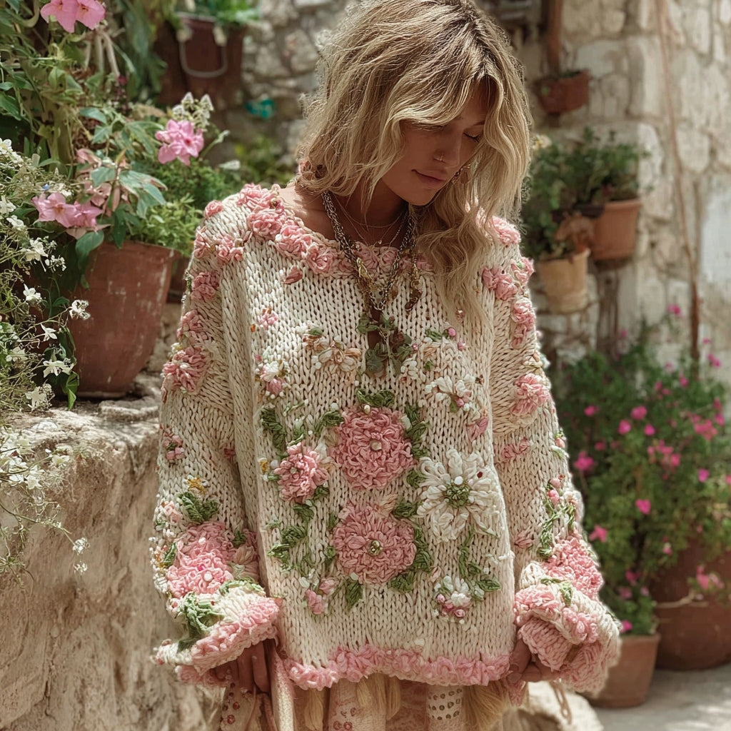 Women's Boho Floral Chunky Knit Crew Neck Sweater elevenforest