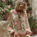 Women's Boho Floral Chunky Knit Crew Neck Sweater elevenforest