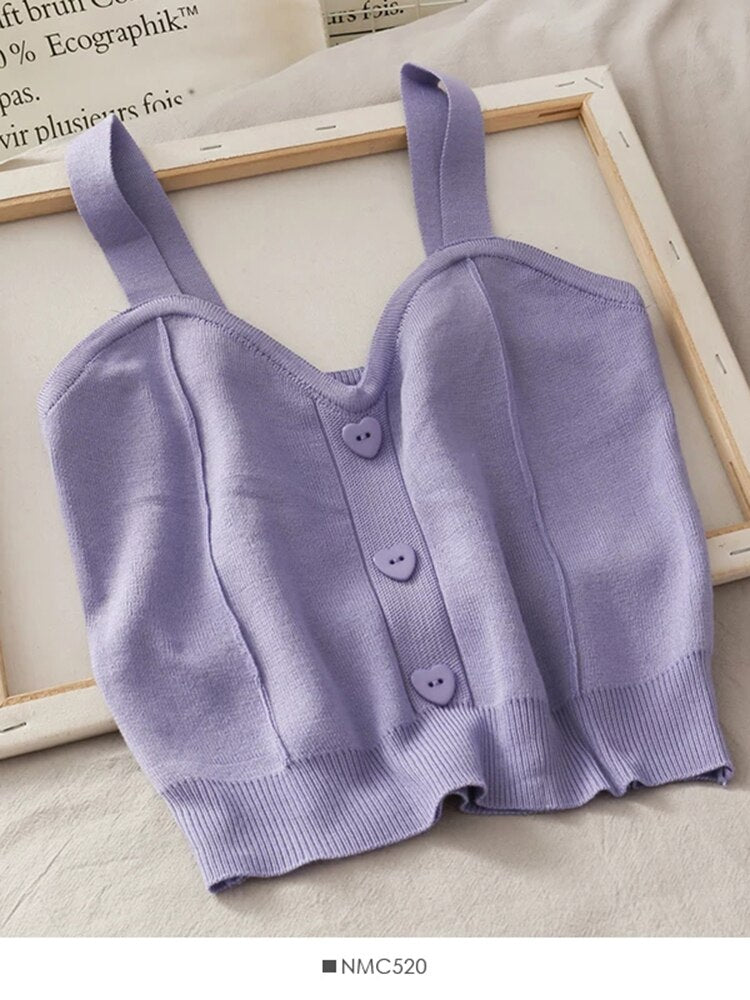 Crop Top Sweater Tank Top Button Up V Neck Sleeveless Knit Top Beach Vest Female Camisole Cotton Tank
