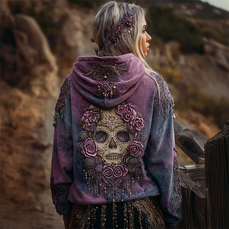 Day Of The Dead Sugar Skull Roses Beaded Dyed Hoodie elevenforest