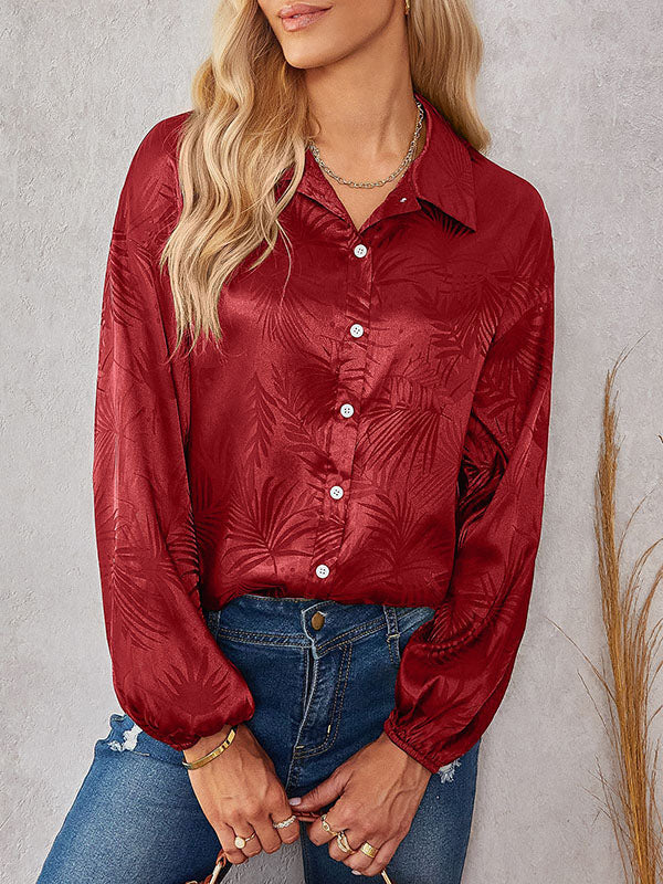 Loose Puff Sleeves Jacquard Split-joint Lapel Blouses