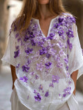 Bohemian Style Purple Youth, Purple Lavender, Golden Vines, Light And Thin, Vintage Feel, Short-sleeved V-neck Top elevenforest