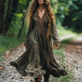 Vintage Bohemian Linen Ethnic  Long-sleeve Casual Maxi Long V-neck Dress elevenforest
