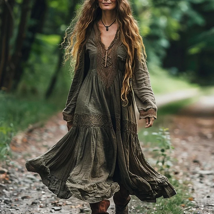 Vintage Bohemian Linen Ethnic  Long-sleeve Casual Maxi Long V-neck Dress elevenforest