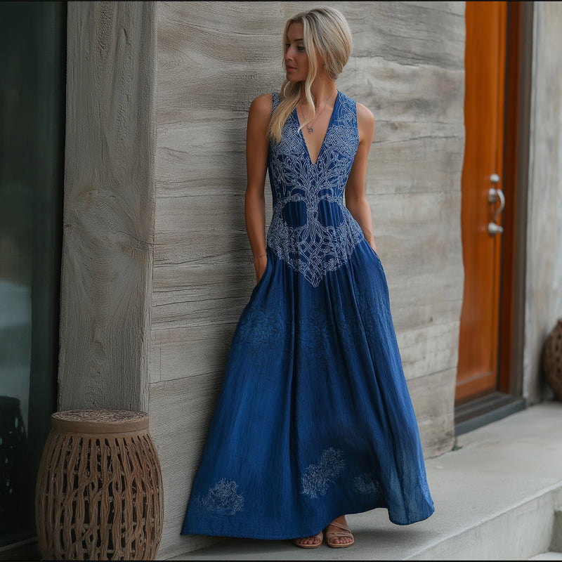Vintage Celtic Tree Of Life Indigo Batik Art Linen Maxi Dress elevenforest