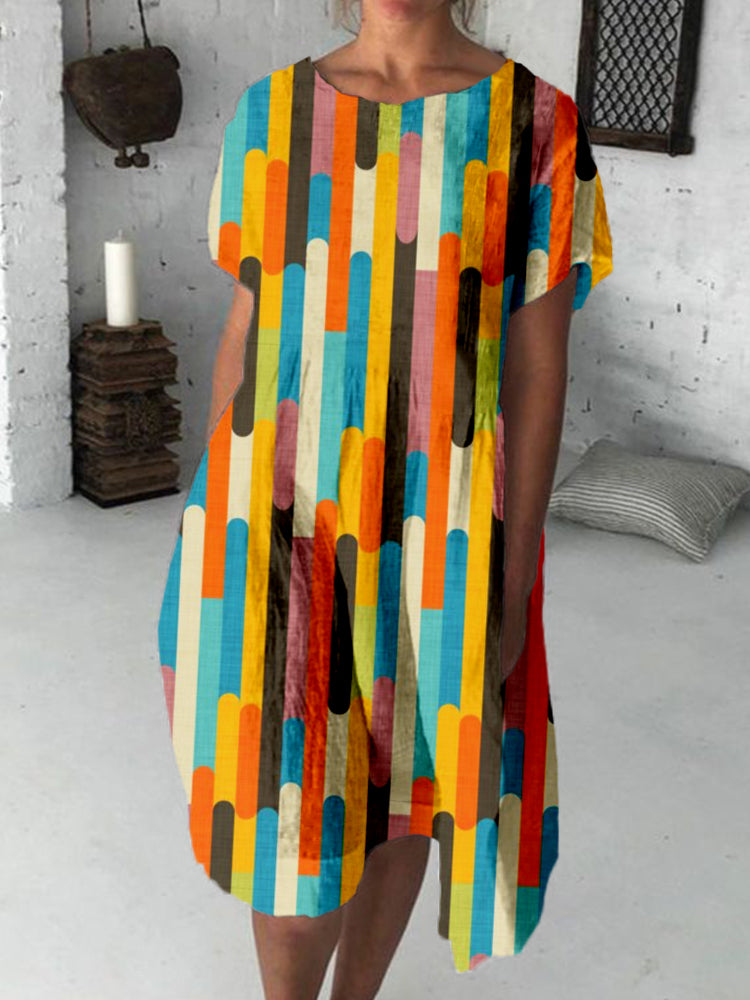 Retro Color Block Abstract Art Linen Blend Midi Dress elevenforest